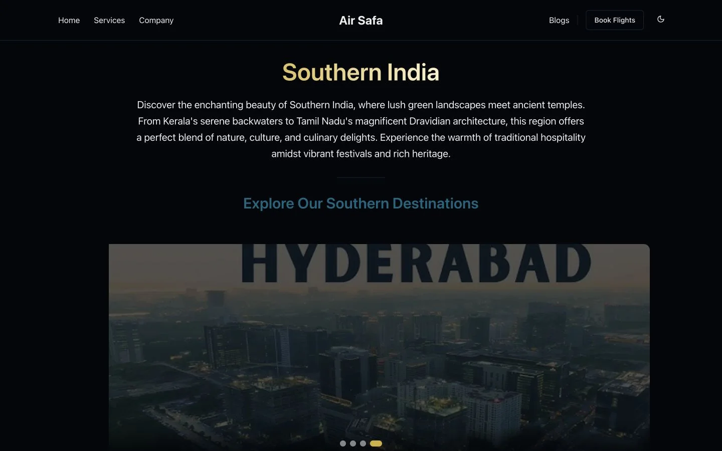 Airsafa South India page with regional destination information and imagery