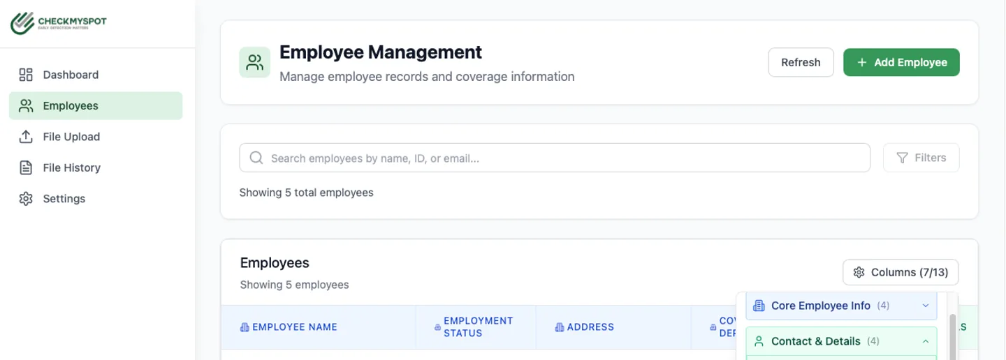 CheckMySpot employee management interface showing enrollment, coverage, dependent, contact, and insurance field controls with record-level test data excluded