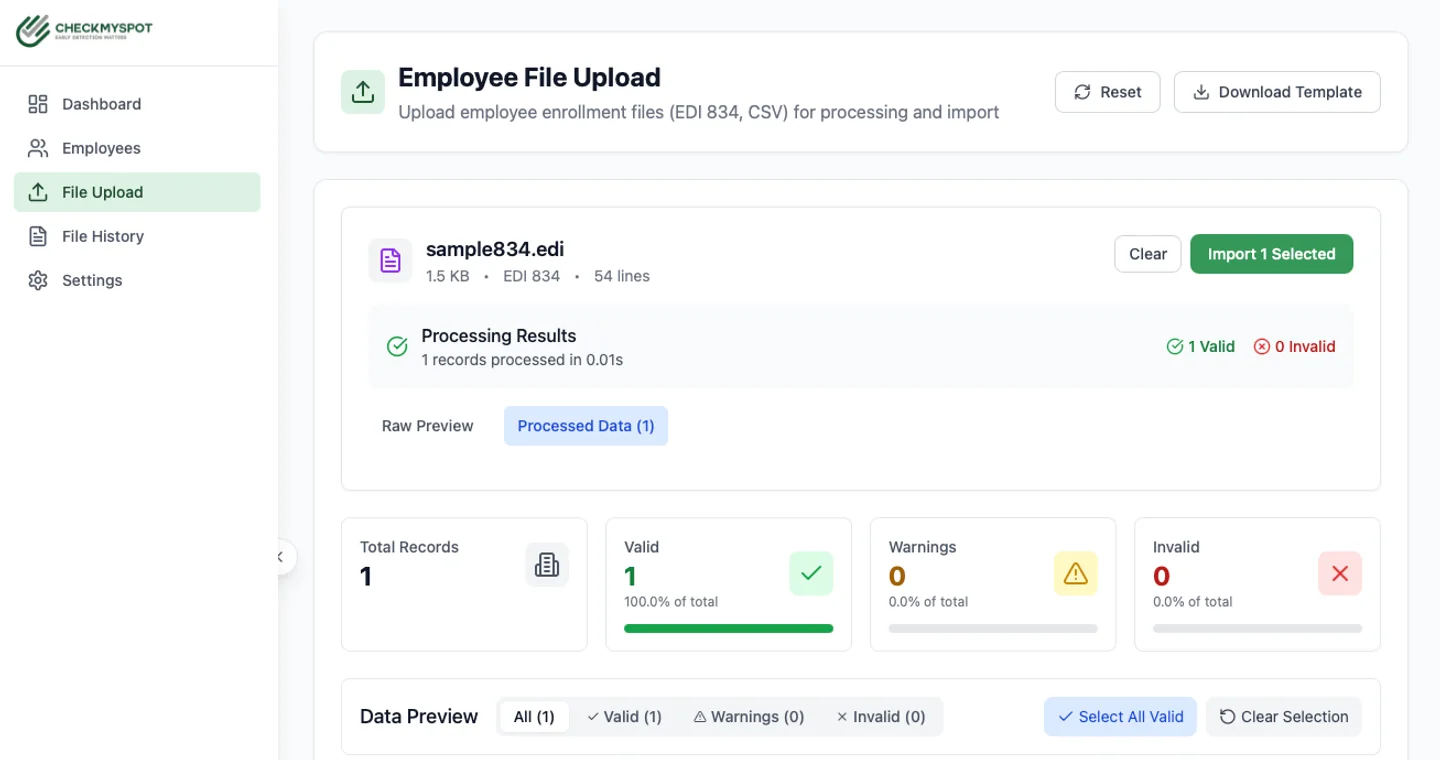 CheckMySpot corporate portal showing a synthetic EDI 834 file upload, validation summary, and import controls