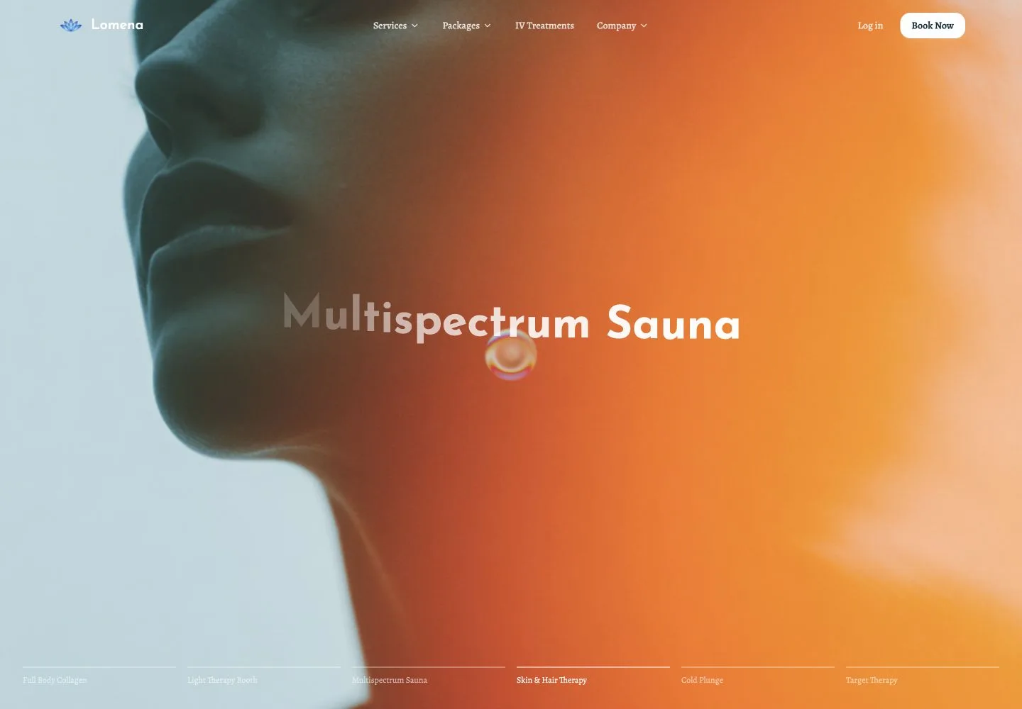 The first Lomena website direction showing an animated multispectrum sauna hero with full-screen imagery