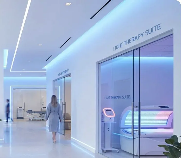 Cropped rebuilt visual direction showing a bright wellness interior and a light therapy room