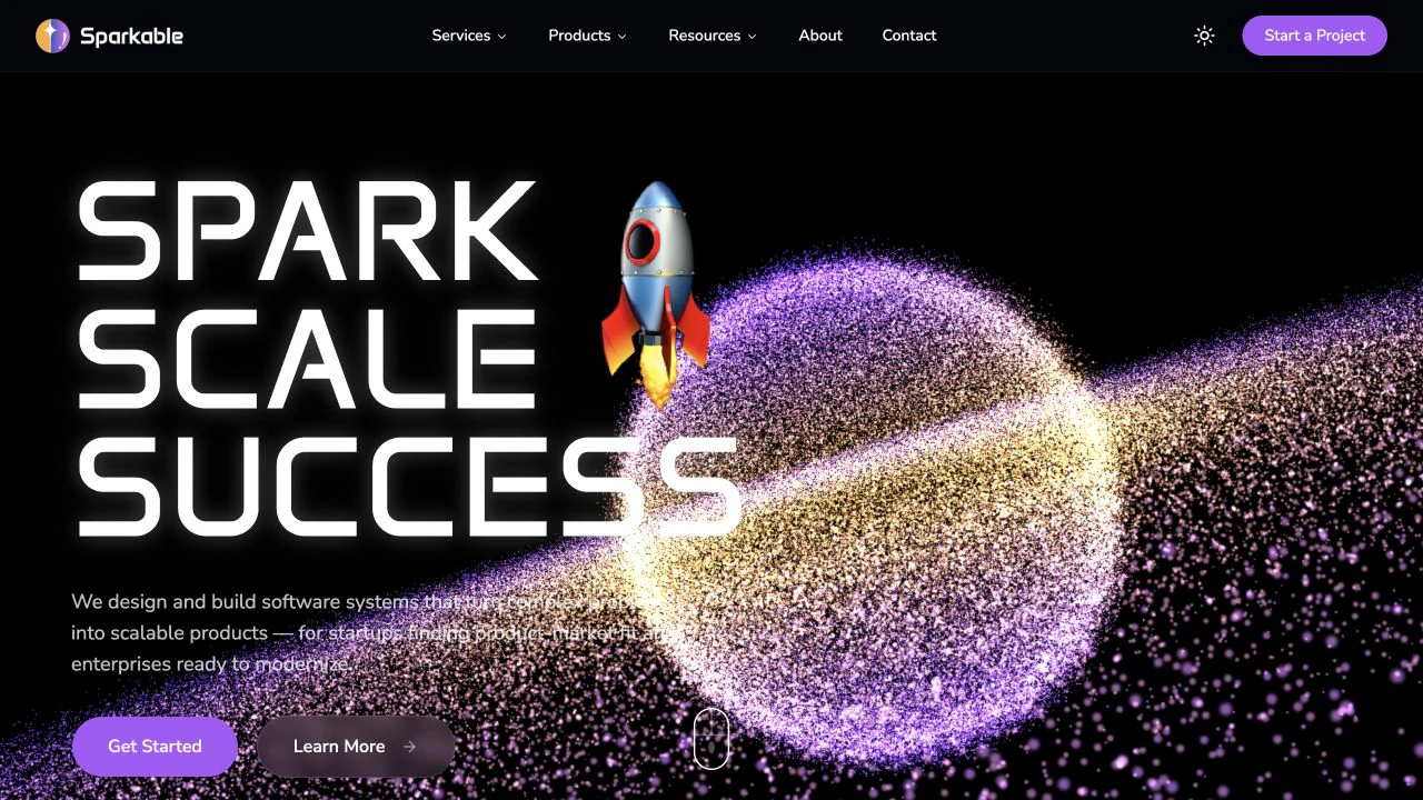 The original Sparkable homepage with the purple particle galaxy hero