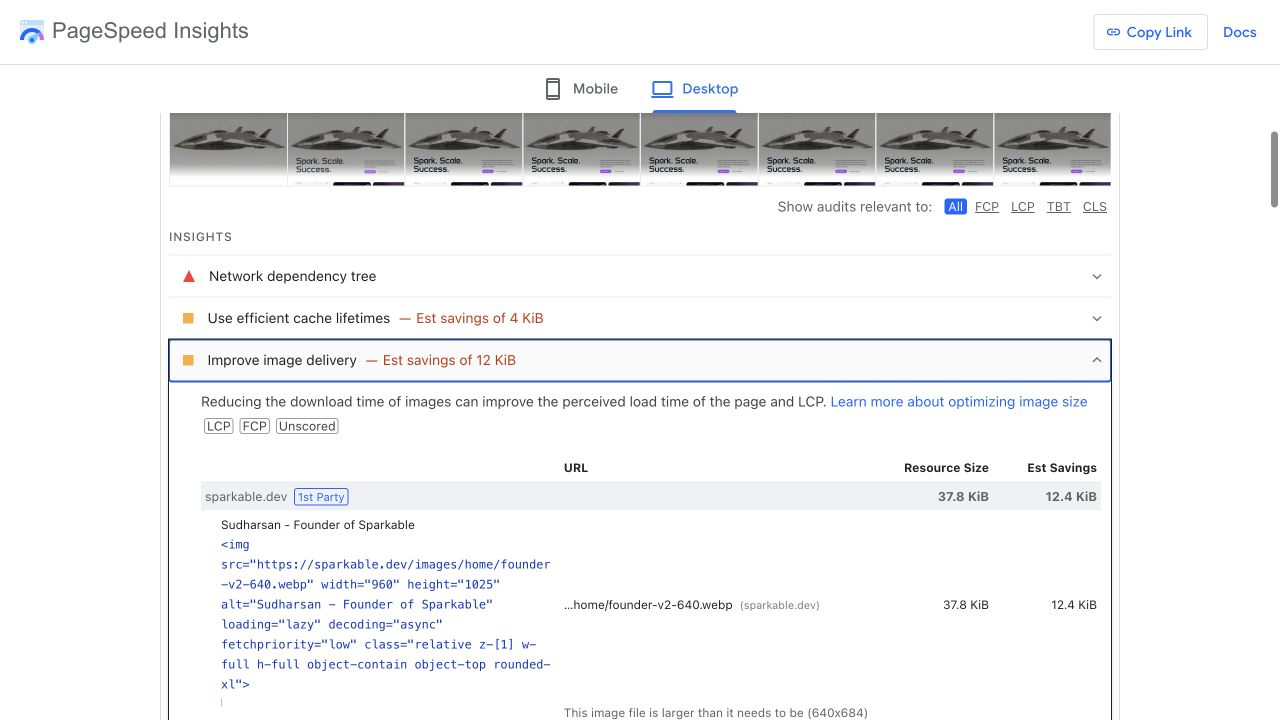 Current PageSpeed image-delivery audit showing 12.4 KiB estimated savings for the responsive founder image