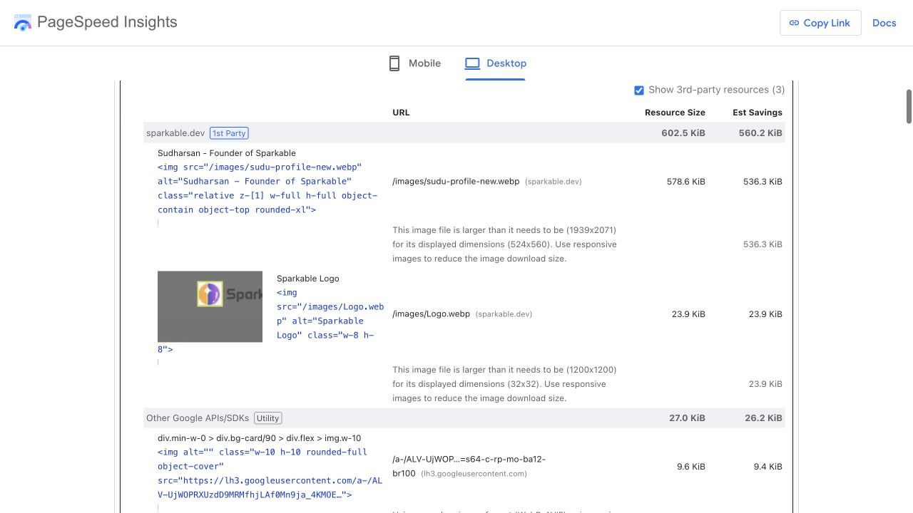 Original PageSpeed image-delivery audit showing large savings for the founder image and logo