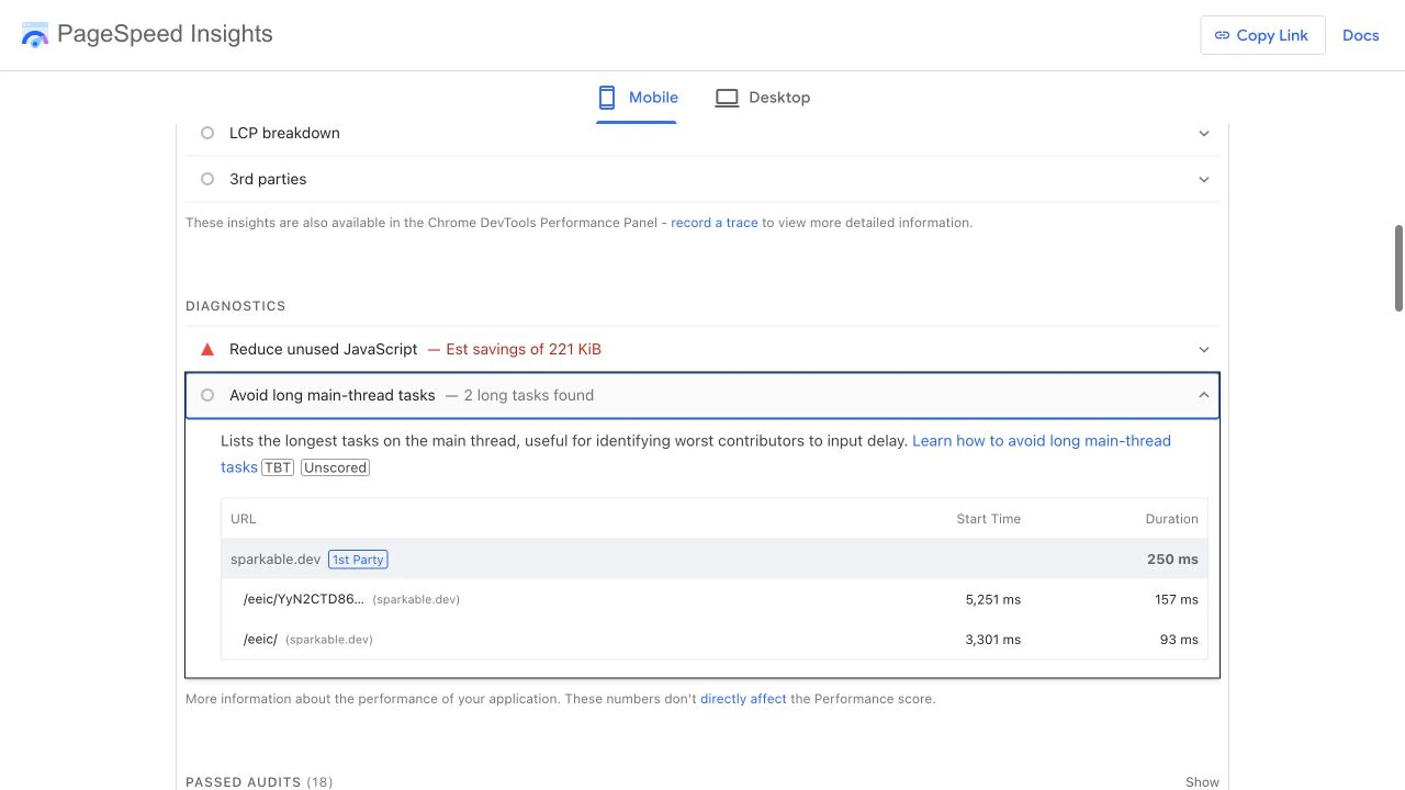 Final mobile long-task audit showing only two tasks from the injected Google tag scripts