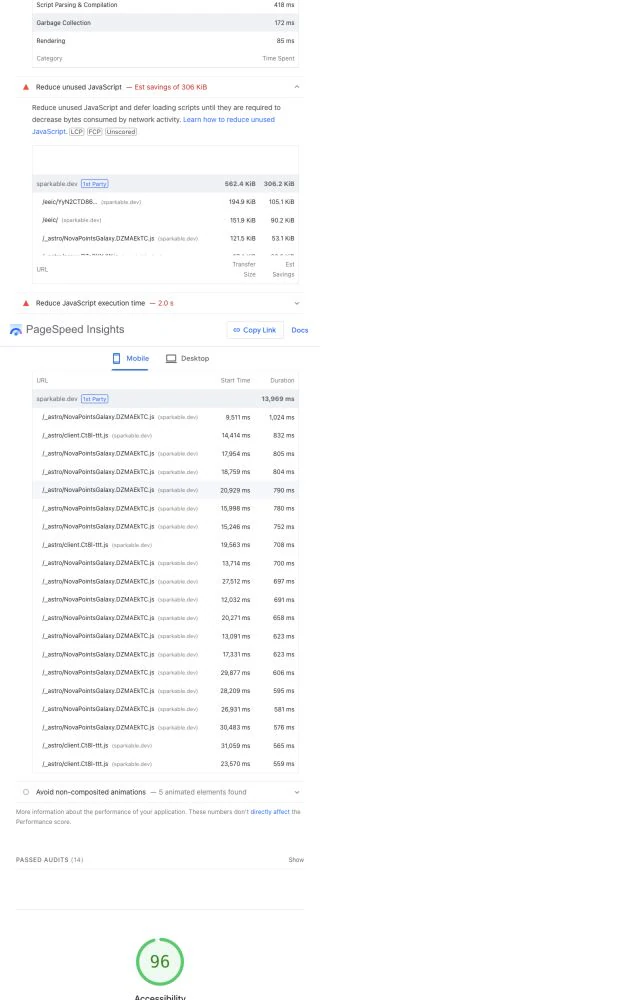 Original mobile PageSpeed long-task table naming the galaxy and client bundles
