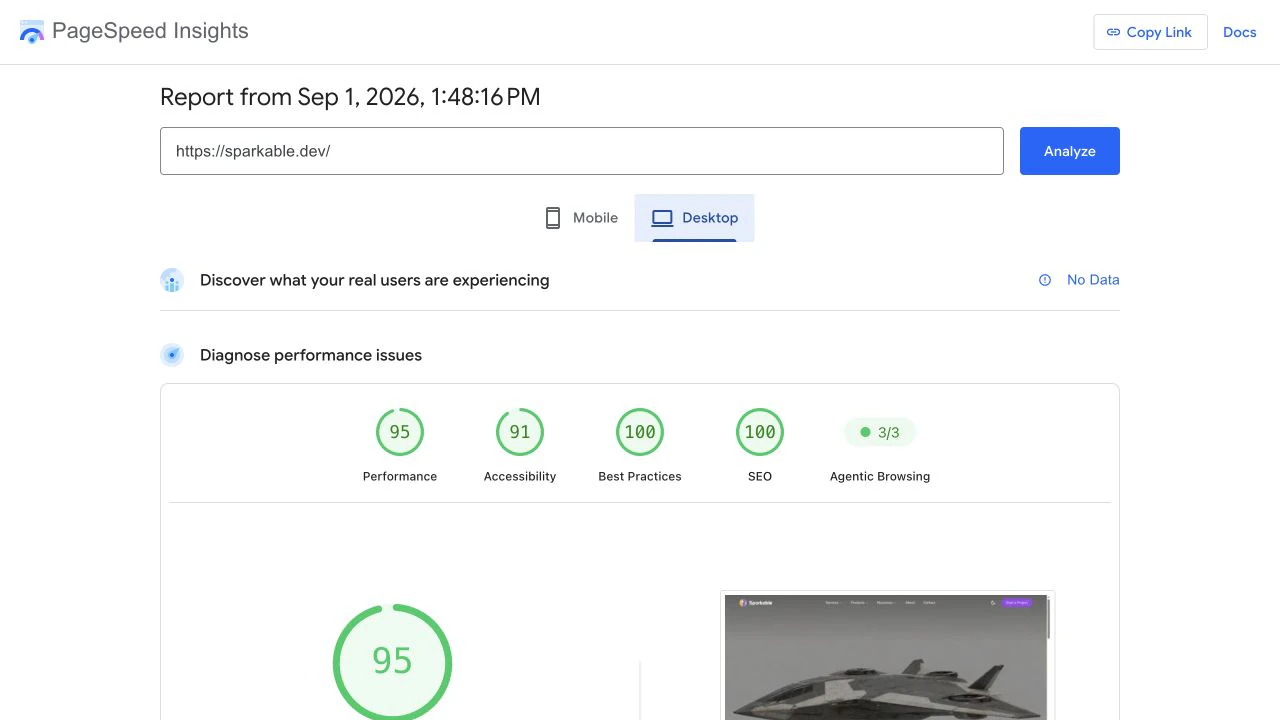 Final median PageSpeed desktop result showing a 95 performance score