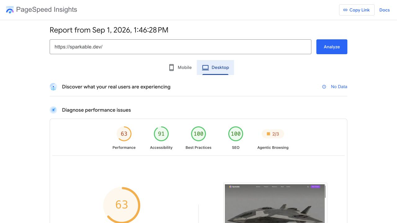Final PageSpeed desktop outlier showing a 63 performance score