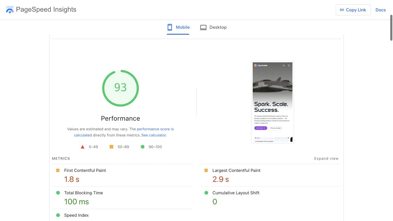 Final median PageSpeed mobile result showing a 93 performance score, 2.9 second LCP, and 100 millisecond TBT