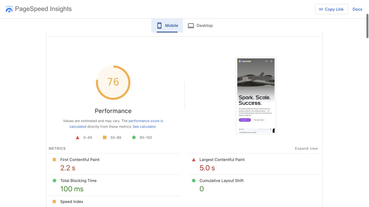 Final PageSpeed mobile outlier showing a 76 performance score
