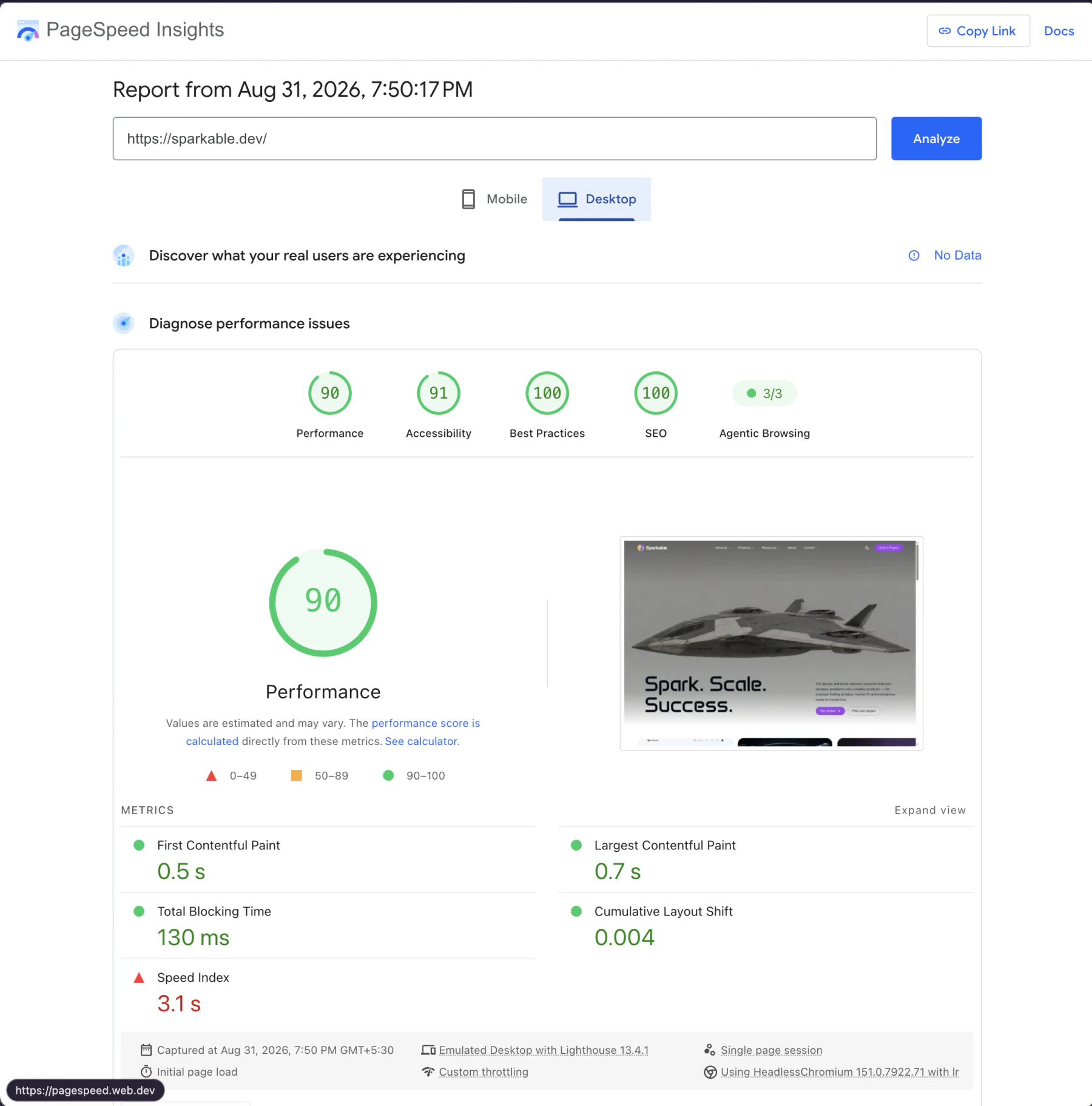 PageSpeed desktop report after the first performance pass showing a 90 score