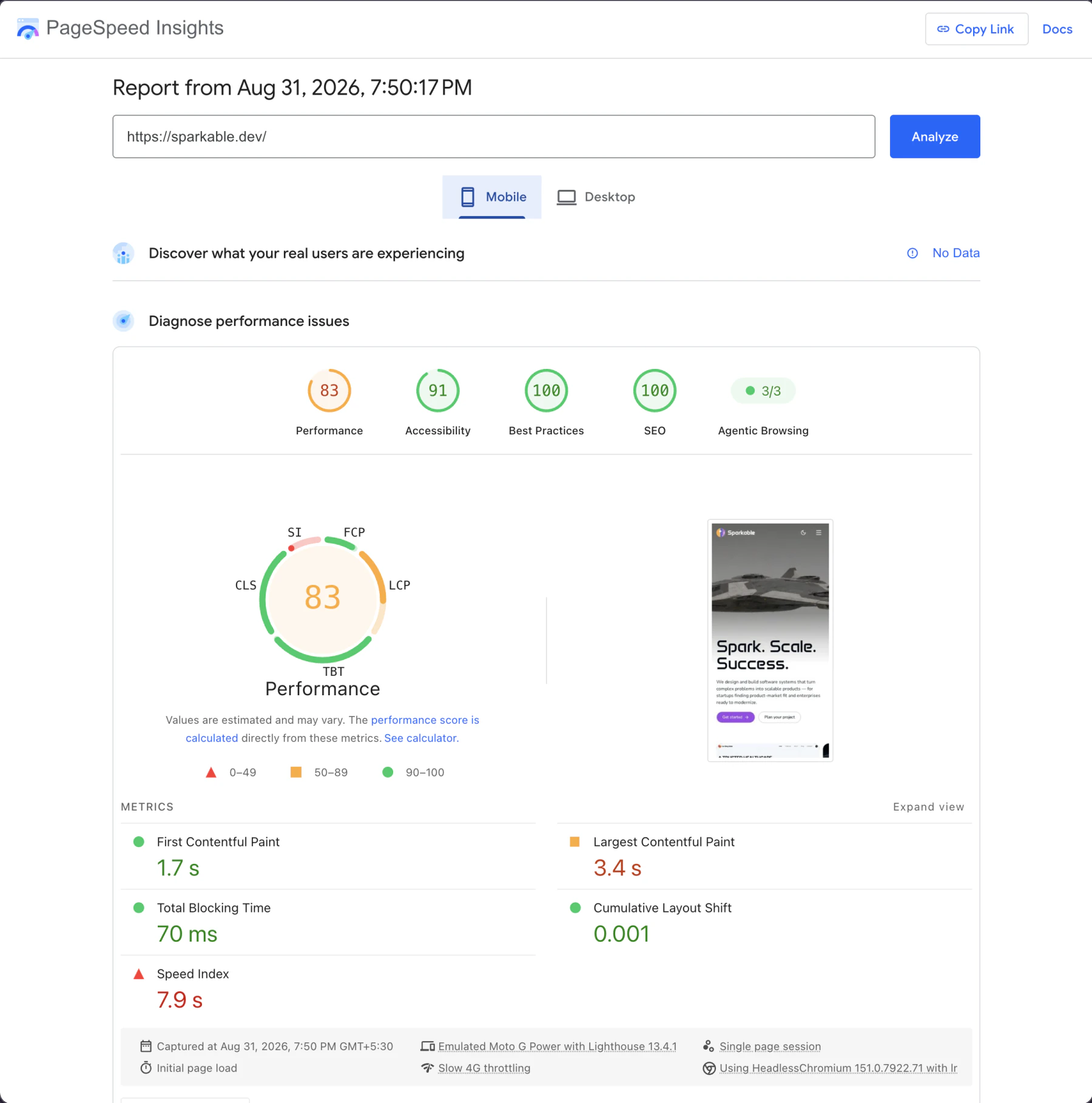 PageSpeed mobile report after the first performance pass showing an 83 score
