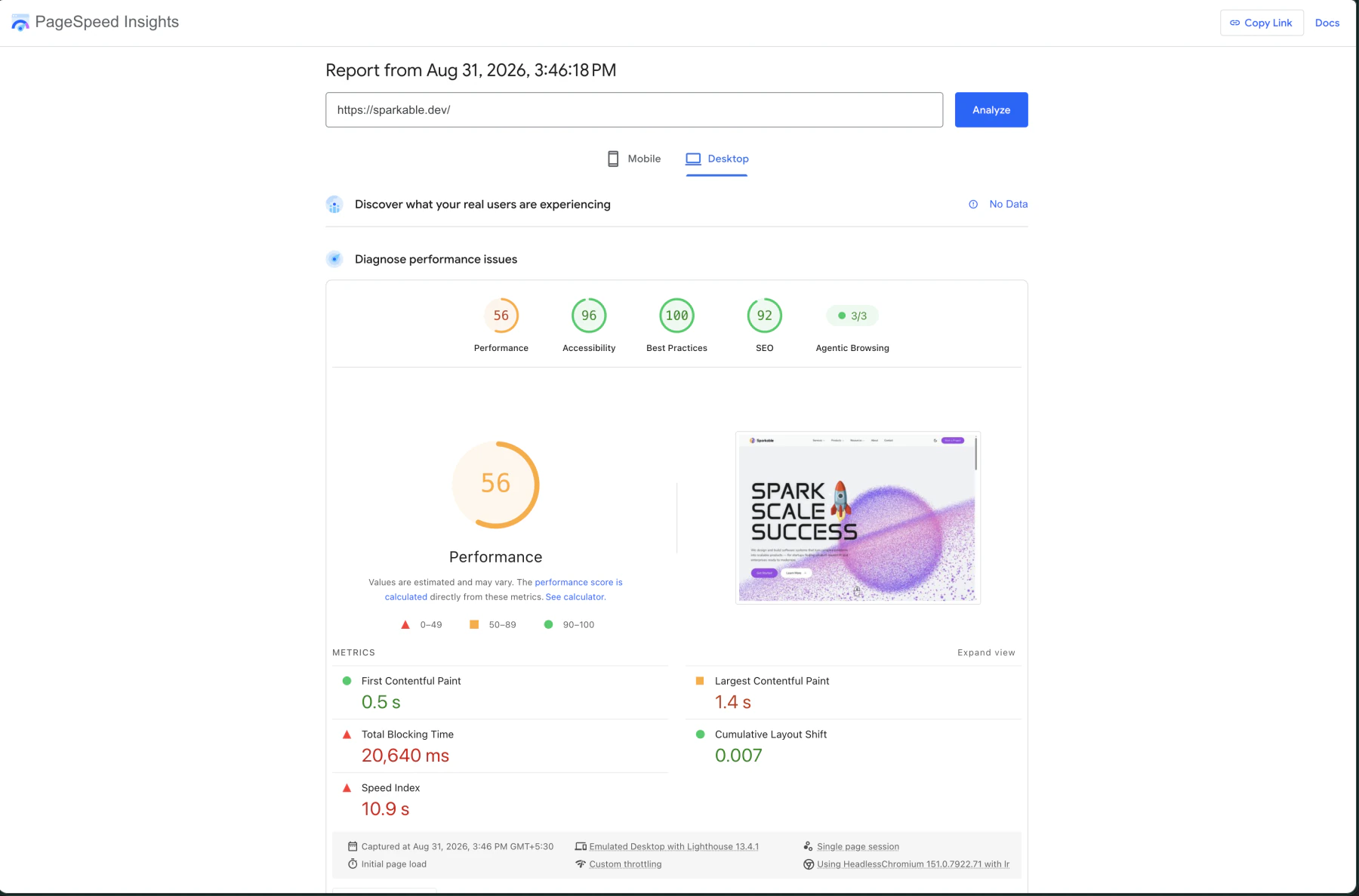 Original Sparkable PageSpeed desktop report showing a 56 performance score and 20,640 milliseconds of Total Blocking Time