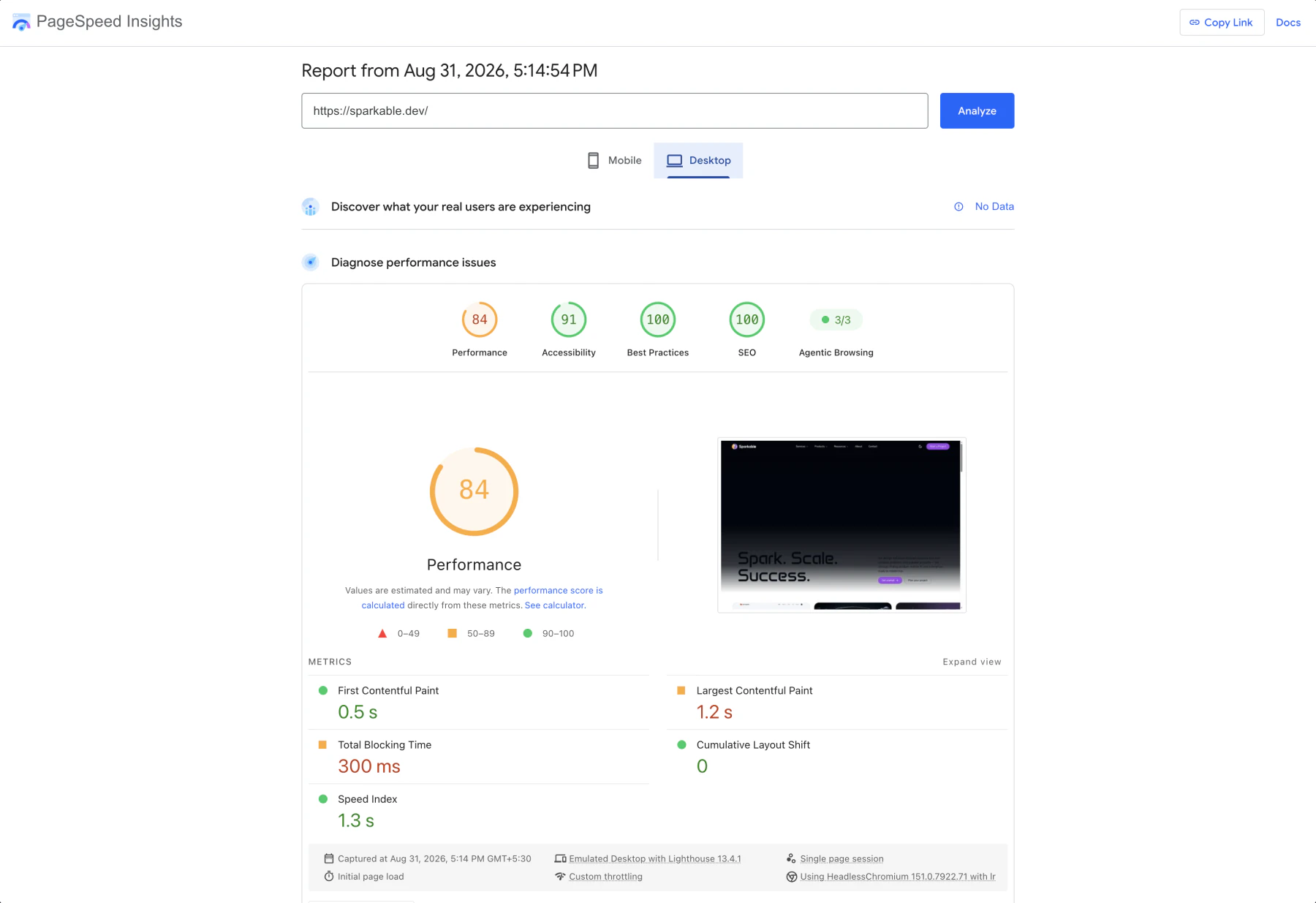 PageSpeed desktop report after the visual redesign showing an 84 performance score