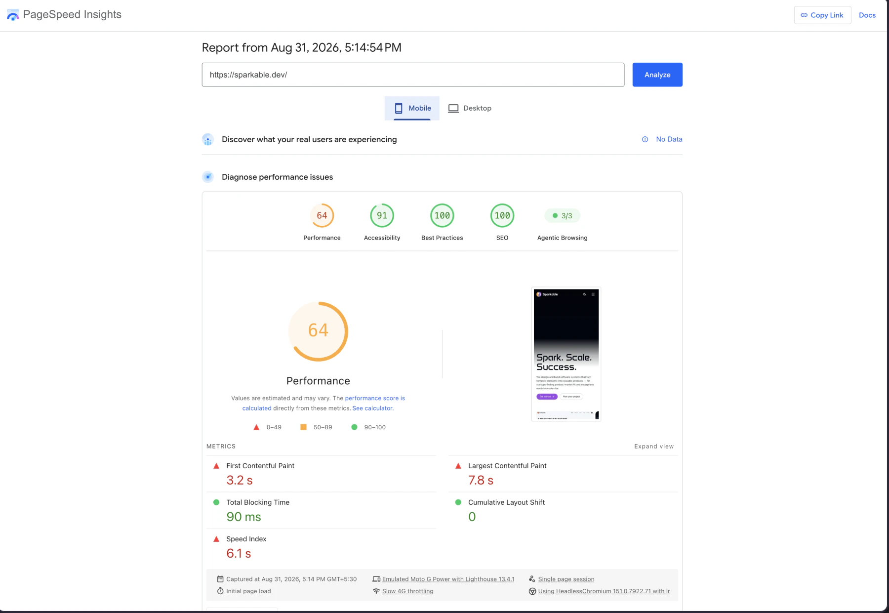 PageSpeed mobile report after the visual redesign showing a 64 performance score and 7.8 second Largest Contentful Paint