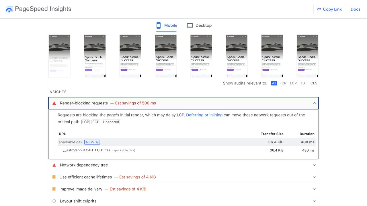 Final PageSpeed mobile render-blocking audit showing one 36.4 KiB stylesheet and an estimated 500 millisecond saving