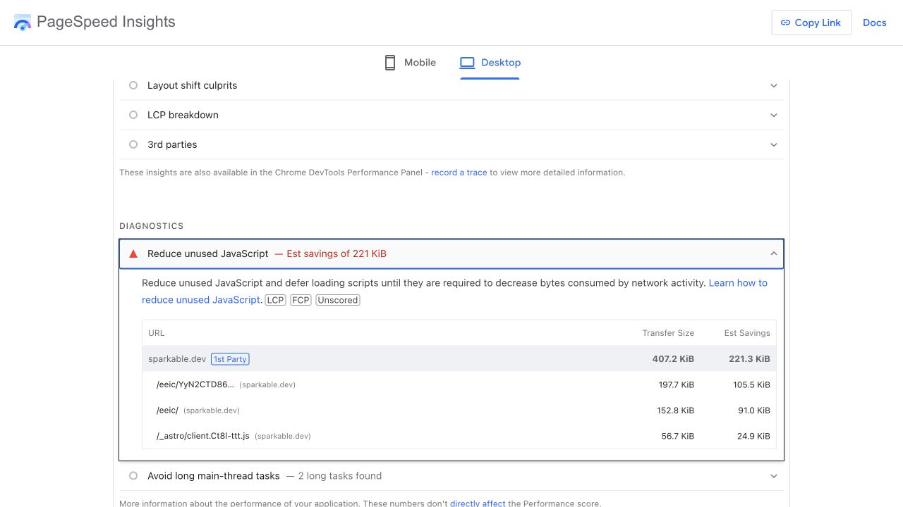 Final PageSpeed unused JavaScript audit showing the two tag scripts and shared React runtime