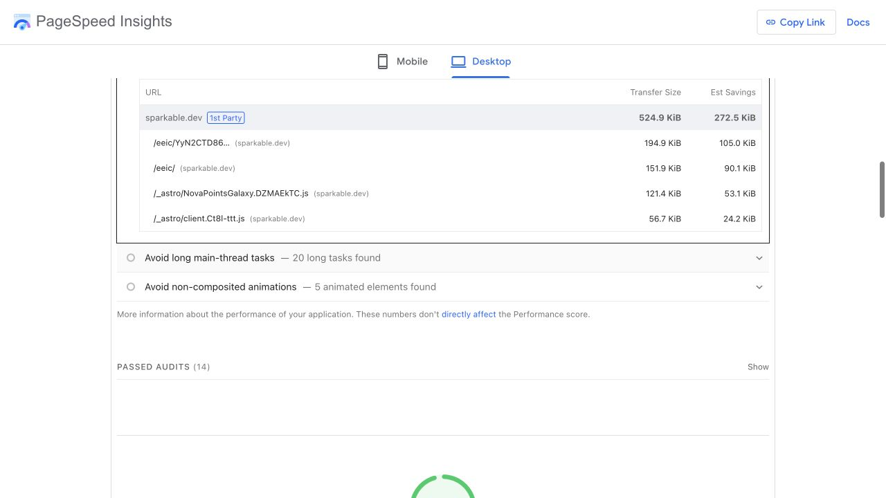 Original PageSpeed unused JavaScript audit including the galaxy, main client bundle, and tag scripts