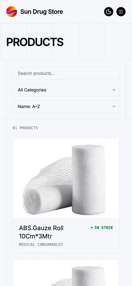 Sun Drug Store mobile product catalogue with search, filters, and stock information
