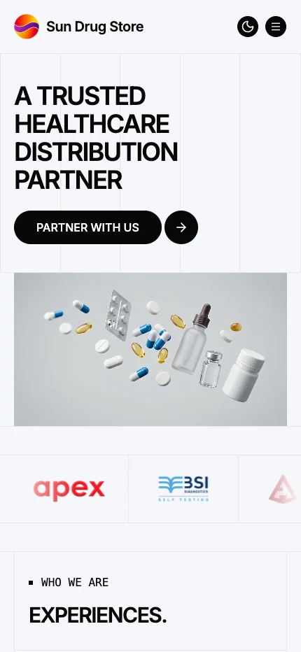 Sun Drug Store mobile homepage with the distribution partnership message and contact action