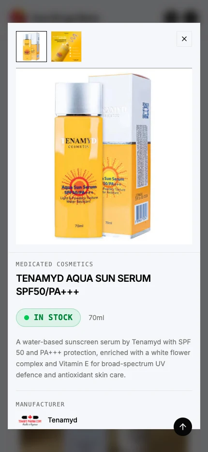 Sun Drug Store mobile product detail view with imagery, description, stock status, and manufacturer information