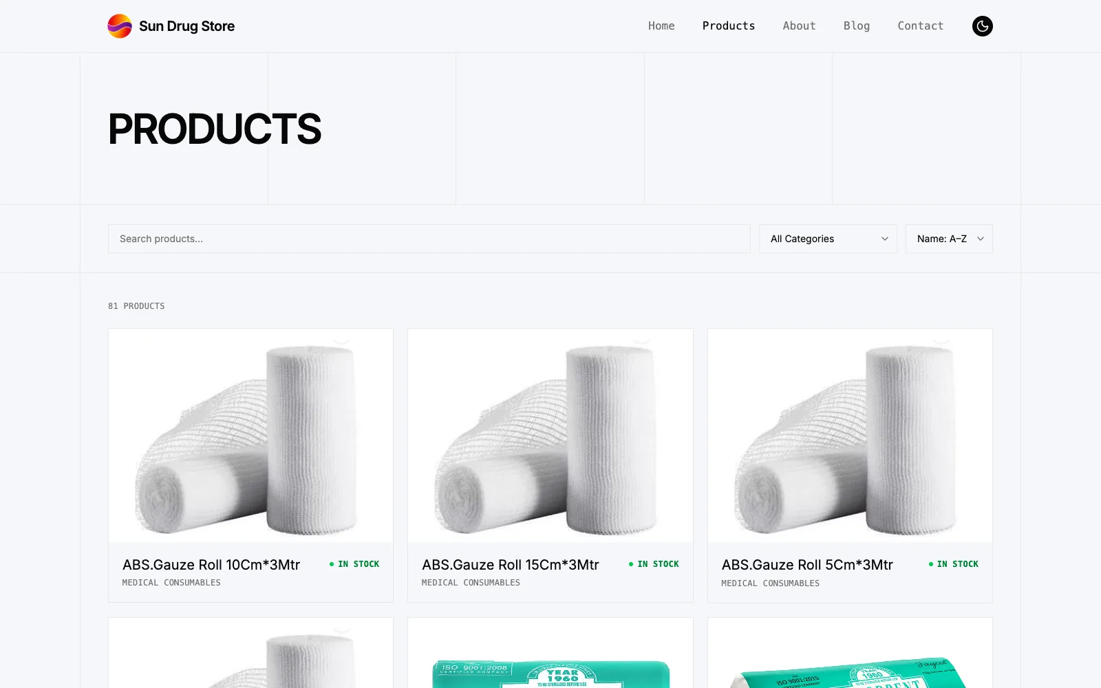 Sun Drug Store product catalogue with search, category filters, sorting, and stock labels