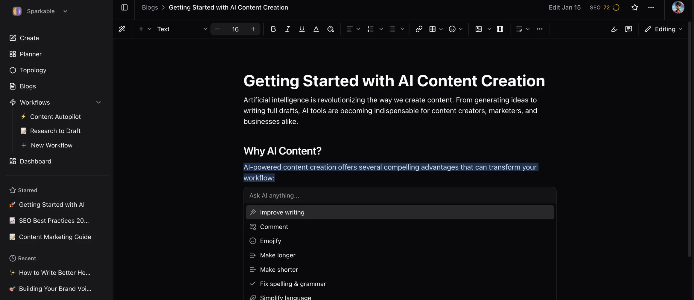 SparkBlog editor with Ask-AI panel