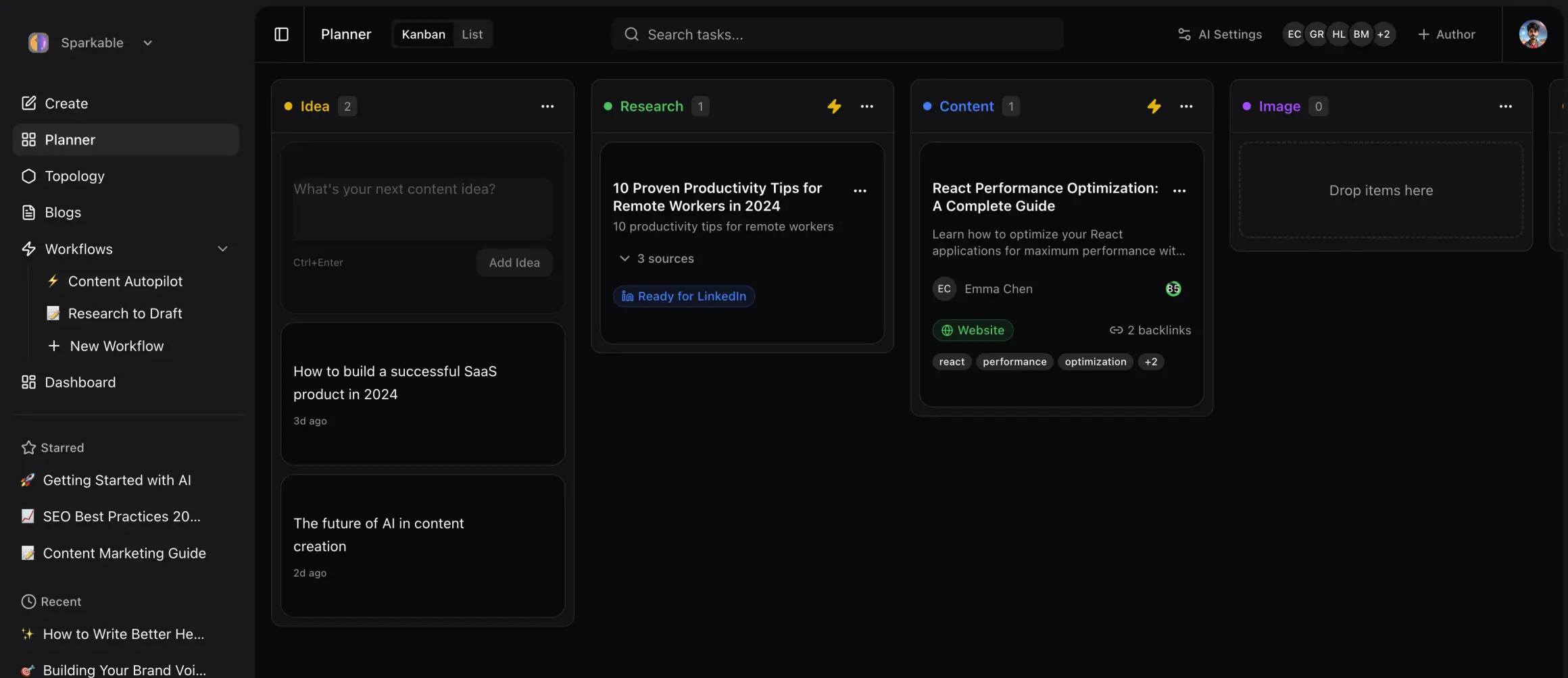 SparkBlog Kanban content pipeline