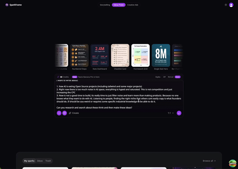 SparkFrame Ideate mode generating post concepts