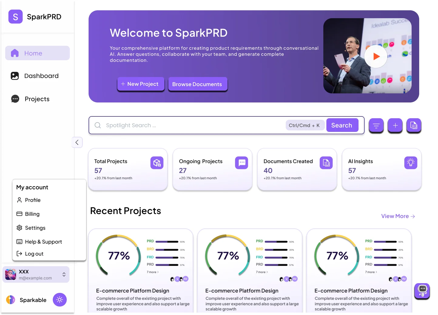 SparkPRD Dashboard Screenshot